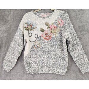 Penbrooke Lane Sweater Womens Large Gray Pearl Floral Knit Long Sleeve Vintage